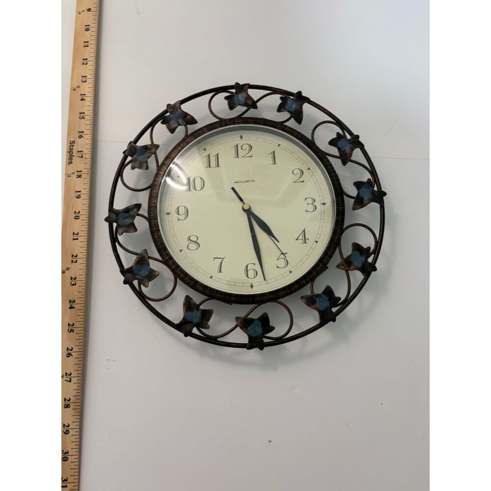 Vintage wall clock with decorative metal ivy wreath frame Acu-Rite brand